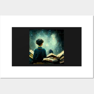 Young boy standing in a pile of books while staring at the universe Posters and Art